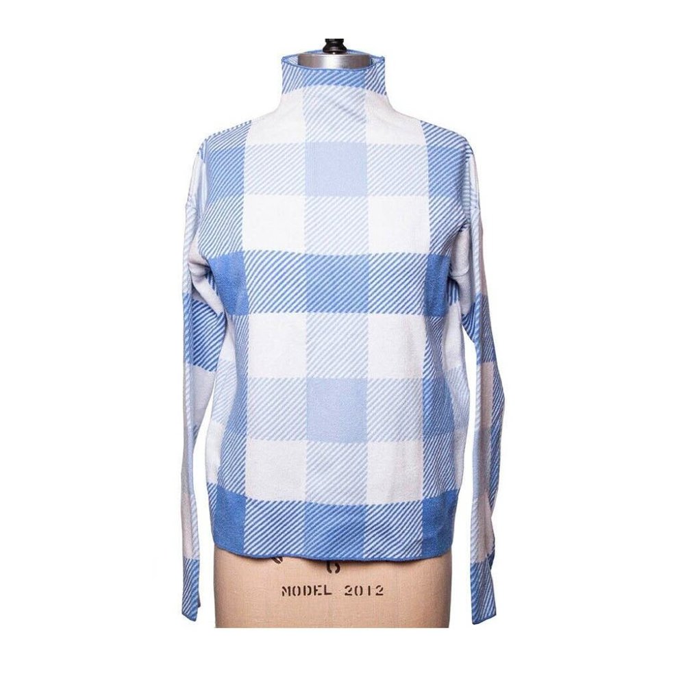 Tahari Blue and White Buffalo Plaid Mock Neck Sweater Size Medium